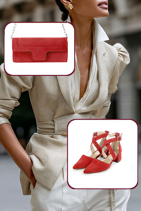 Dress heels closed-back crossed straps in scarlet red leather with low flare heels and tapered toe - Worn view